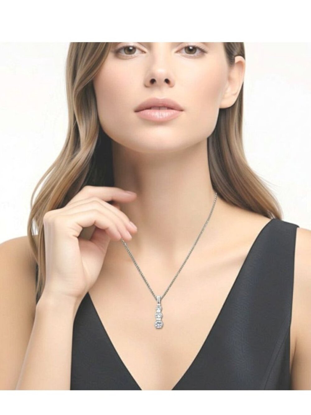 Elegant Silver Plated Necklace with Three Stone Bezel Set Chrystal Pendant – 16”